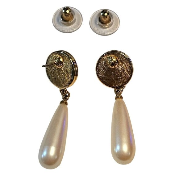 Monet Gold Tone Faux Pearl Drop Earrings Vintage - Picture 3 of 9